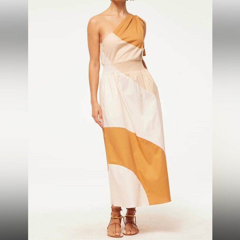 Misa Los Angeles One-Shoulder Colorblock Maxi Dress in Tan and Cream
